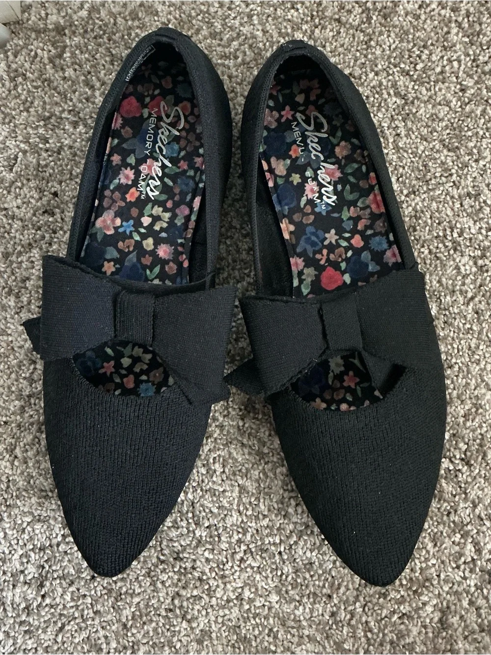 Skechers CLEO Black Pointed-Toe Flats with Top Bow
